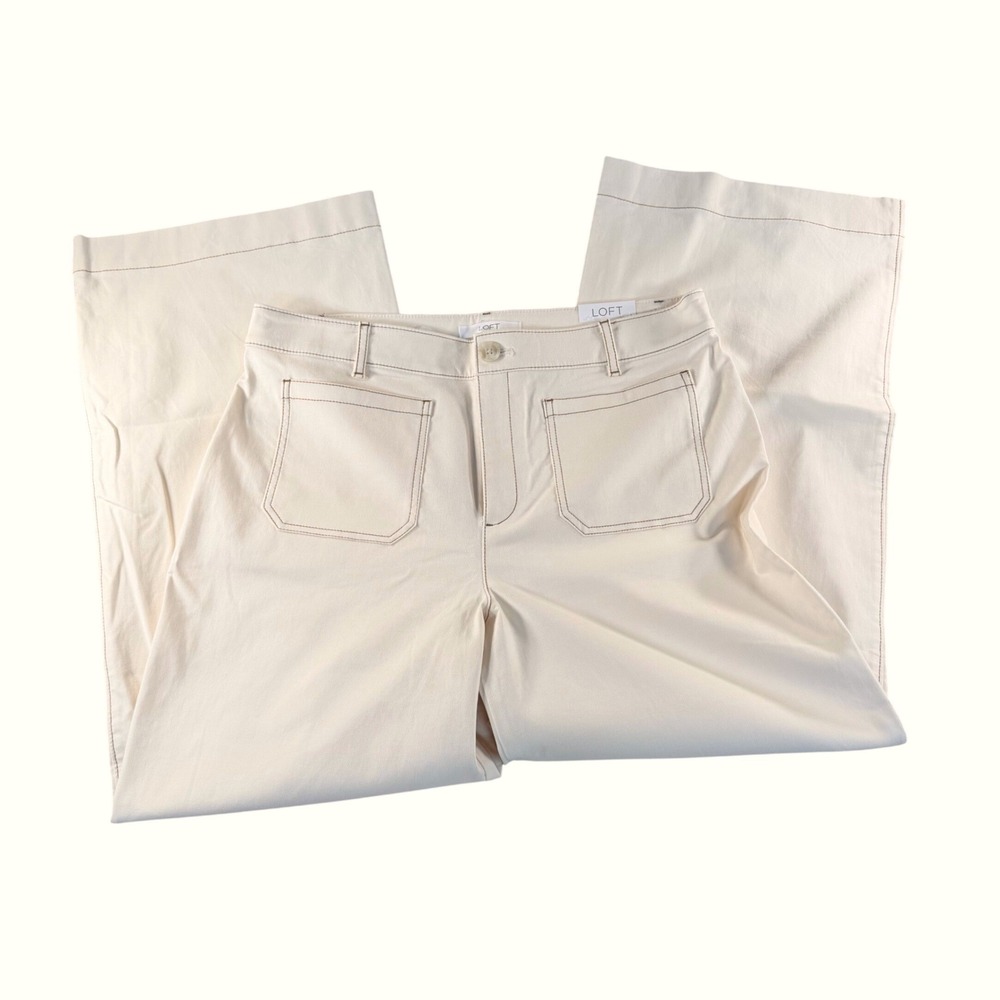 NWT LOFT The Palmer Wide Leg High Rise Pants Cream Contrast Stitching Women 12